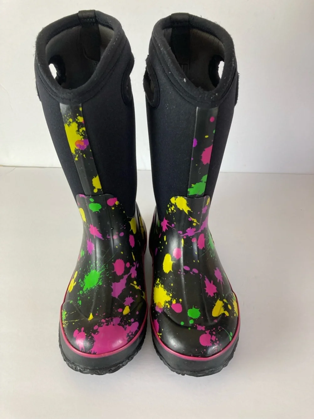 Bogs Waterproof Paint Splat Print Boots Black Purple Girl Size 2